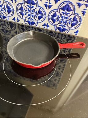 Red Cast Iron Skillet with Pour Spouts